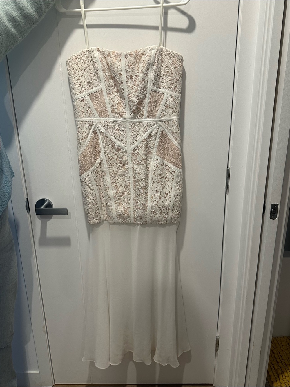 BCBGMaxAzria Strapless Ivory Lace Midi Dress with Sheer Skirt